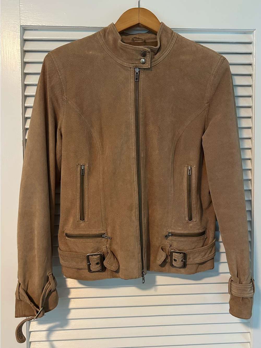 Context Tan Suede Bomber Moto Jacket Buckle Zip Front Y2K
